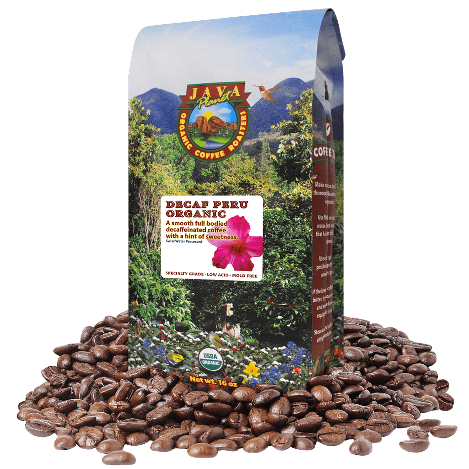 Java Planet Decaf Peru Organic Coffee – Swiss Water Process, Medium-Dark Roast, Smooth & Full-Bodied, Low Acid, Whole Bean, 1 lb