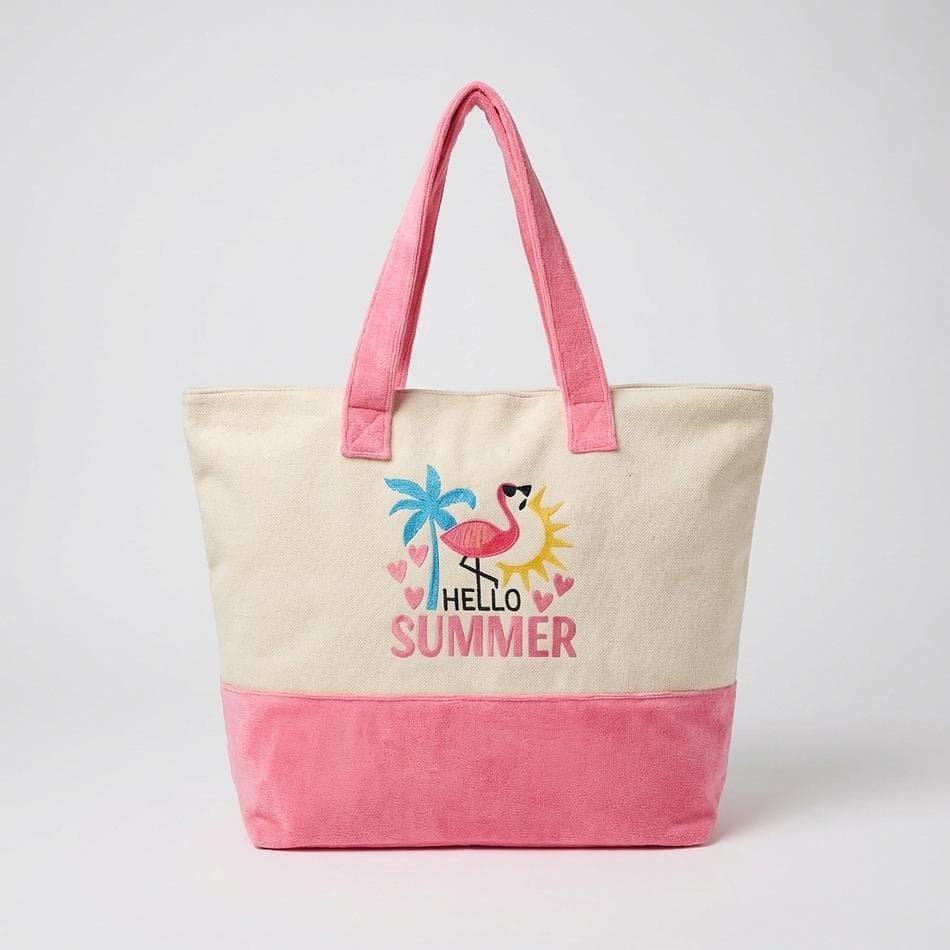 Terrycloth Beach Tote Bag, Polyester Polyamide, Oversized Summer Graphic, 22x16x6 in, Pink